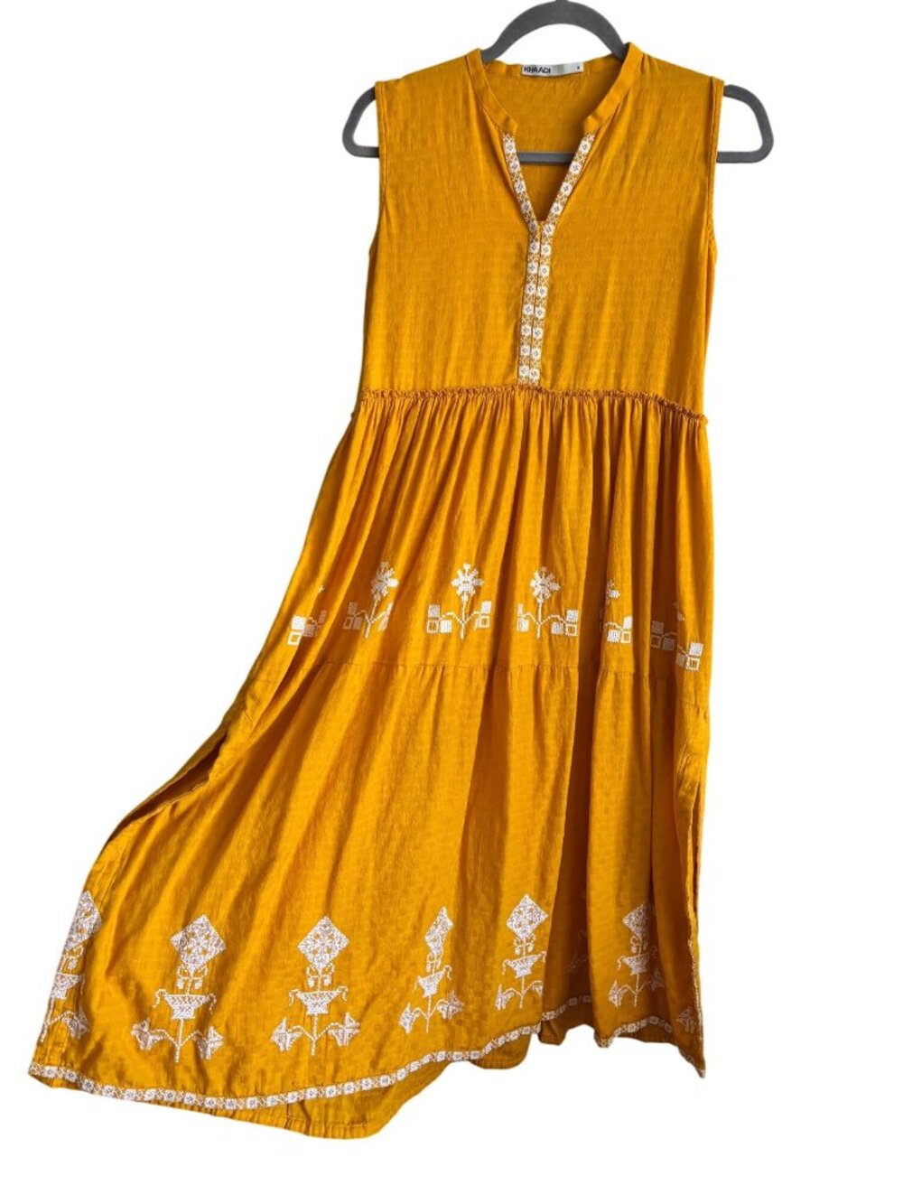 Khaadi Mustard Yellow Cotton Embroidered Sleeveless Dress Size 8